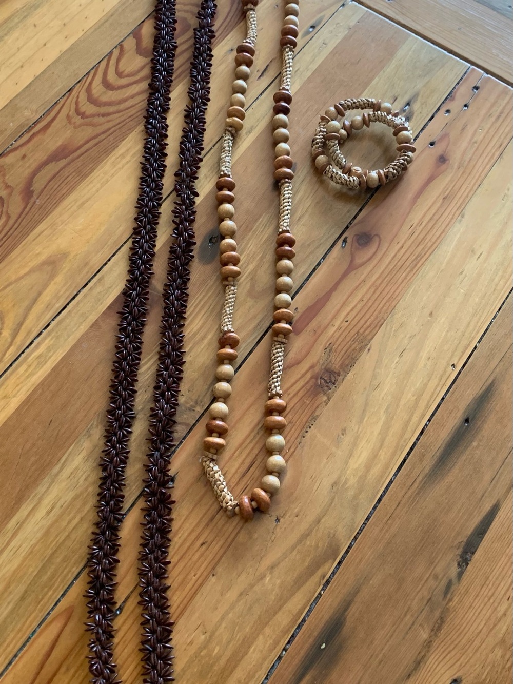 Natural Wood Bead Necklace and Bracelet Set - plus Vintage Necklace